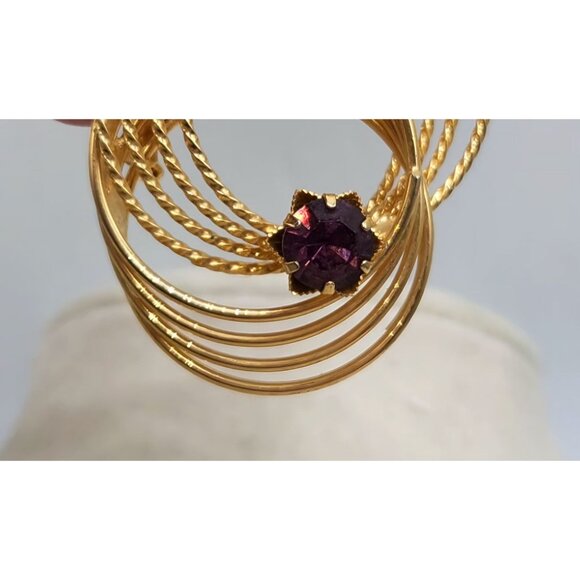 Multi Swirl Gold Tone Brooch With Purple Flower Shaped Rhinestone Accent - Picture 3 of 4